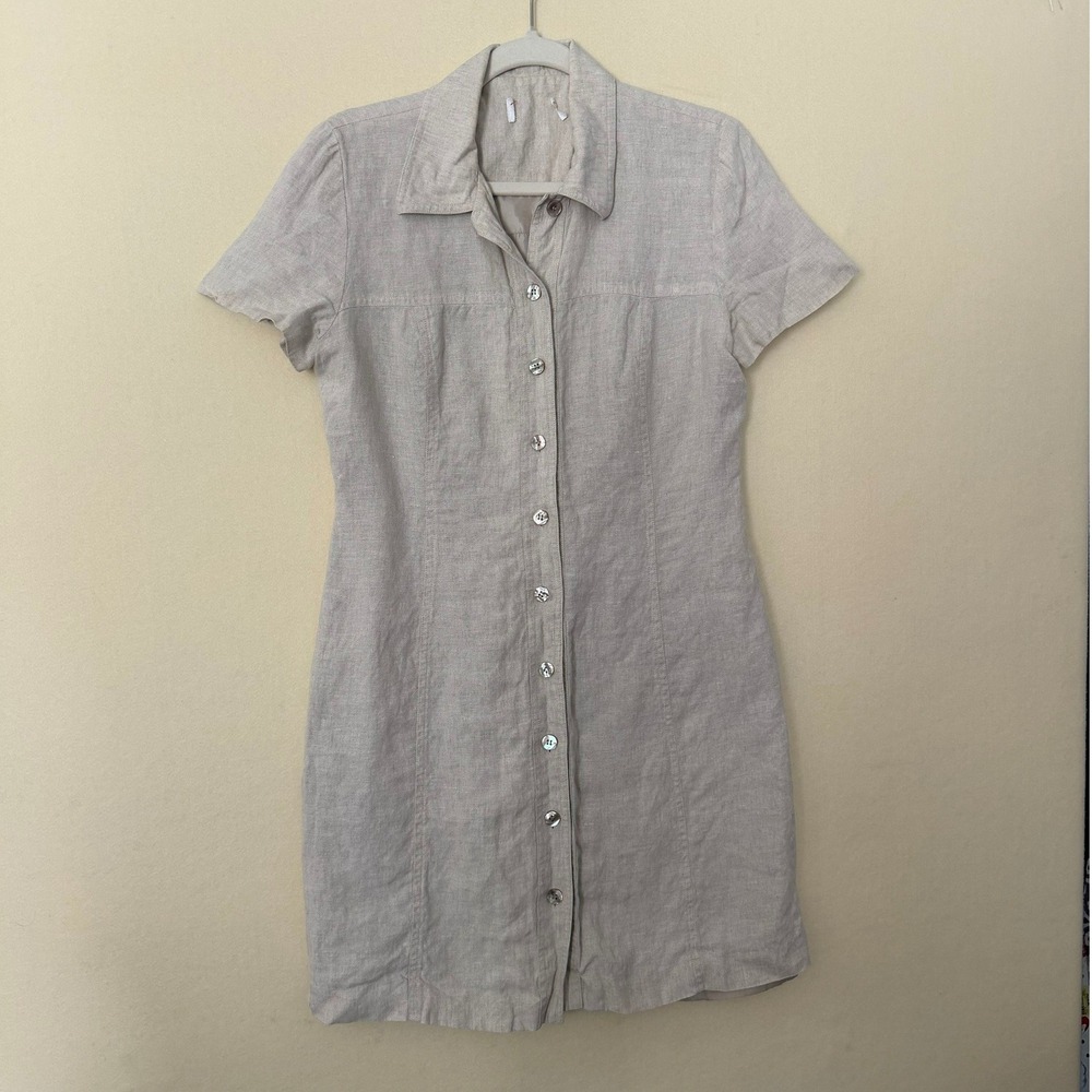 Linen Blend Button Down Shirt Dress Short Sleeve Oatmeal Beige Mini Dress